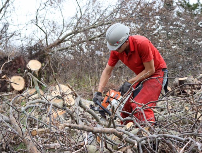 Volunteer David Peters cuts up downed trees in Glace Bay, Nova Scotia.