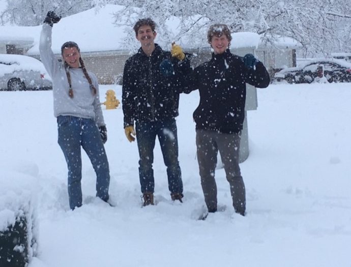 Katie Wray, Shiloh Taetz, Brayden King play in the snow in Paraadise.