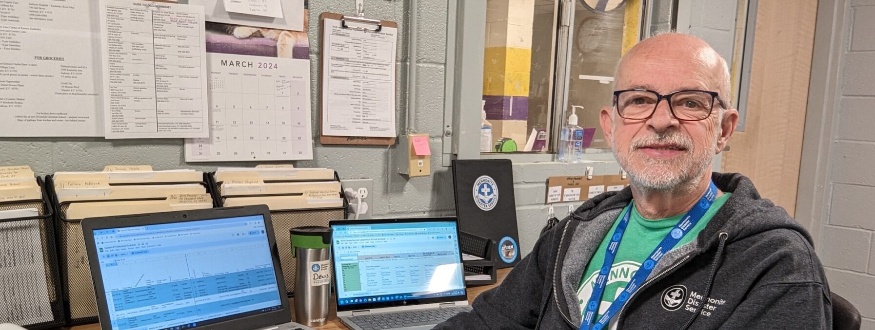 Denis Sabourin serves his 19th volunteer placement with Mennonite Disaster Service (MDS) as Office Manager for a flood response in eastern Kentucky. Photo courtesy of Denis Sabourin