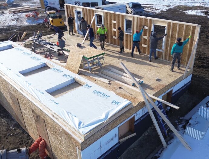 Daily volunteers in Carstairs, Alberta construct a new home for Elisa Humphreys, whose home was destroyed by a tornado in 2023. Photo courtesy of Jessica Lawrence