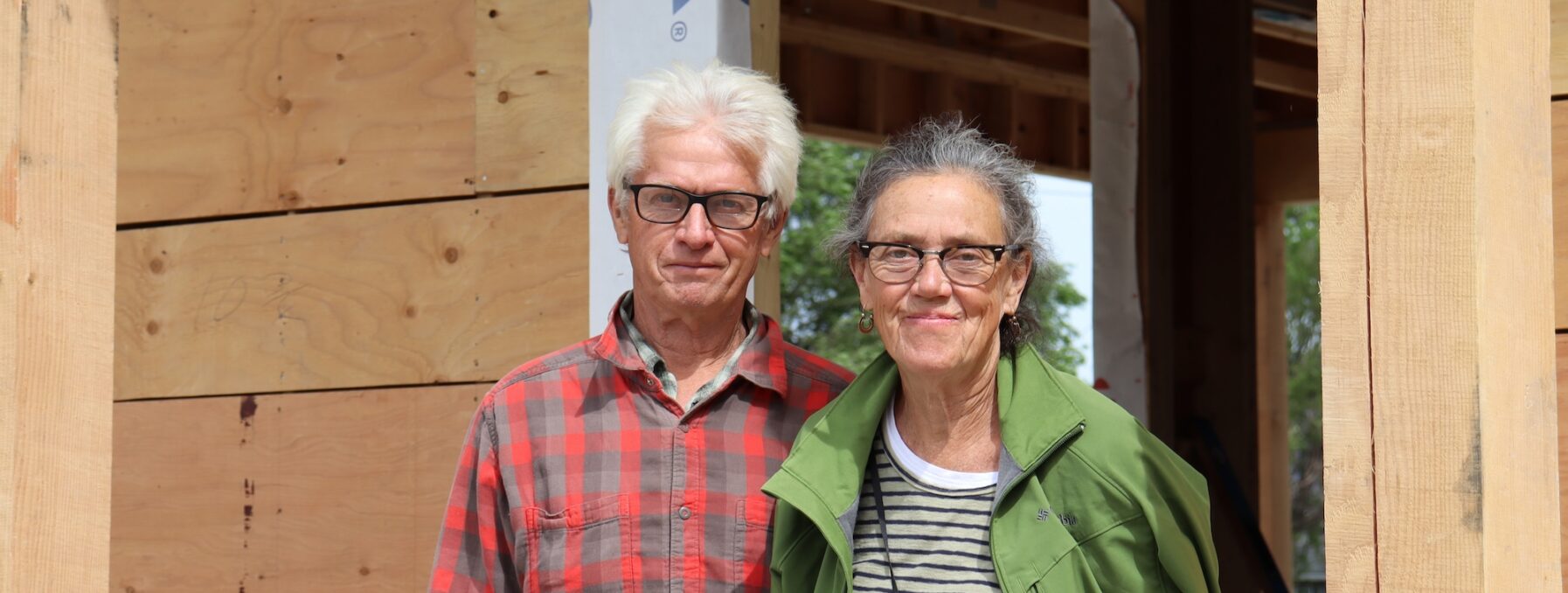 Owen Collings and Patsy Gessey outside their house, under construction by MDS volunteers in May 2024. MDS photo/Nikki Hamm Gwala