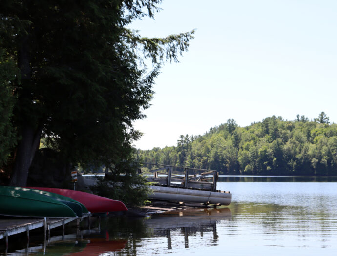 Canoes at the shore of an Ontario, Canada, lake.