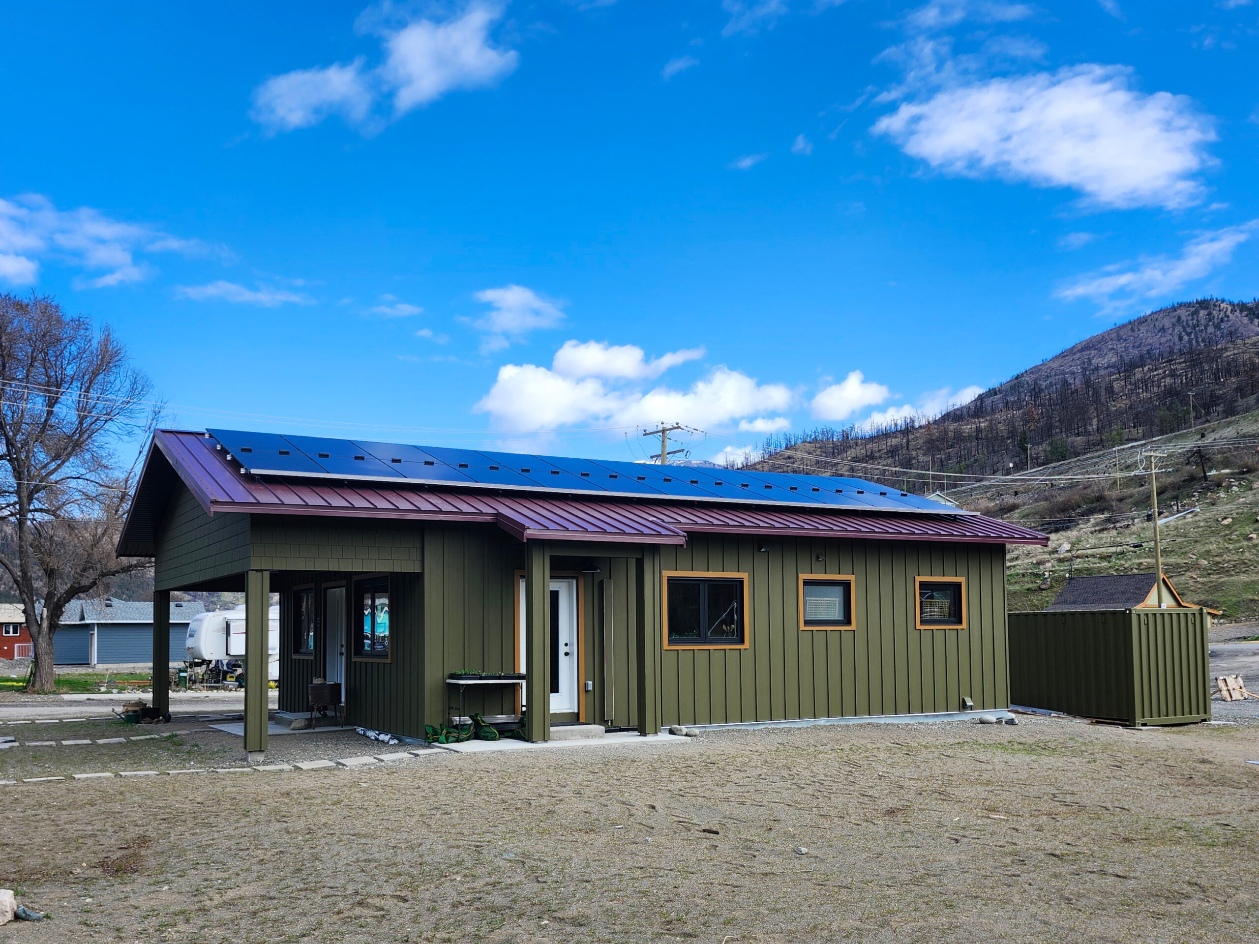 Fire resilient, net zero house after solar panel installation in Lytton, British Columbia.