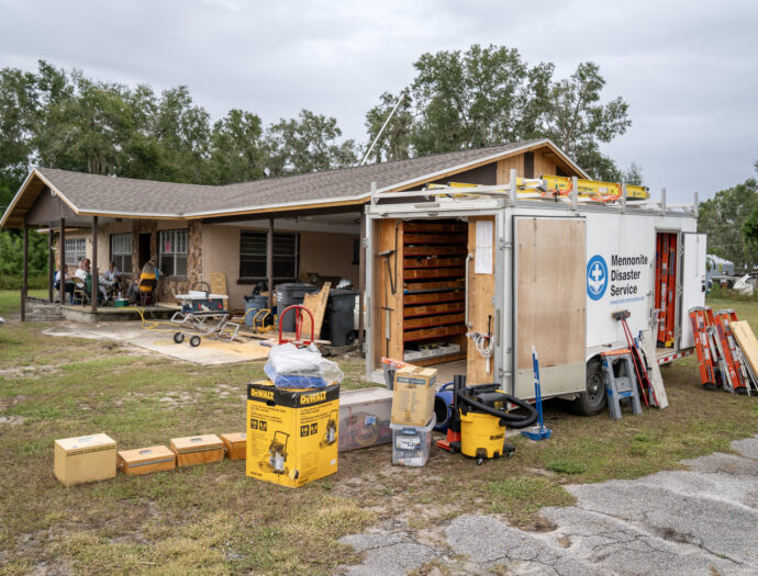 An MDS tool trailer in front of a home restoration project in Southwest Florida